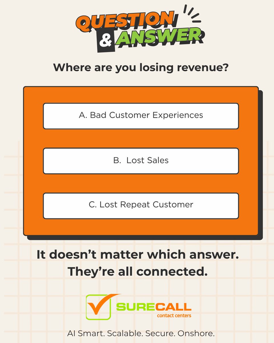 SureCallCC's tweet photo. Losing revenue in any of these areas can be a quick and easy fix.

Fix it by booking a call with SureCall --> https://t.co/iH1hm4BEJC

#BusinessRevenue #RevenueGrowth #BPO https://t.co/4iK4AsryCe