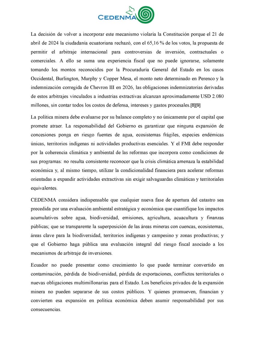 CEDENMA's tweet photo. CEDENMA cuestiona la responsabilidad del Gobierno y del FMI en una política que acelera la expansión extractiva mientras deja en segundo plano sus costos sobre el agua, el clima y las finanzas pública. https://t.co/OZ3TOmnkhA