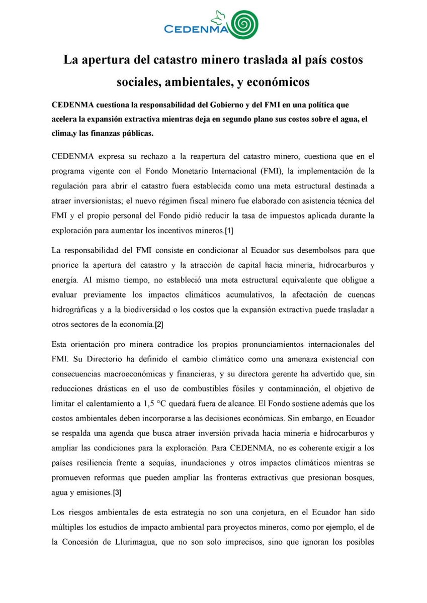 CEDENMA's tweet photo. CEDENMA cuestiona la responsabilidad del Gobierno y del FMI en una política que acelera la expansión extractiva mientras deja en segundo plano sus costos sobre el agua, el clima y las finanzas pública. https://t.co/OZ3TOmnkhA