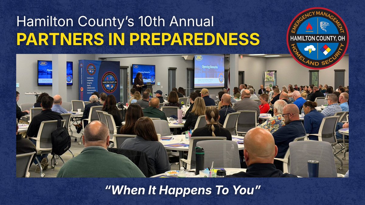HCEMA's tweet photo. Last Friday, we brought together nearly 200 partners at Hamilton County's 10th Annual Partners in Preparedness meeting to discuss this year's theme: When It Happens To You. Thank you to everyone who attended and to all our partners for your preparedness efforts. https://t.co/nveTLsmcyp