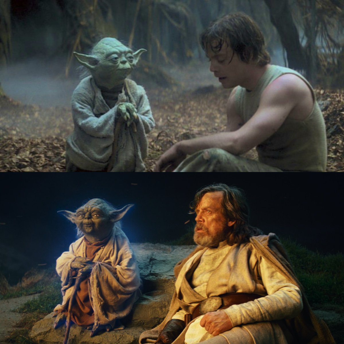 anabelle_dawn's tweet photo. two scenes from two different movies where yoda dispenses wisdom to luke skywalker and they're 2 of the best scenes in all of star wars https://t.co/QKlCL4MLbS