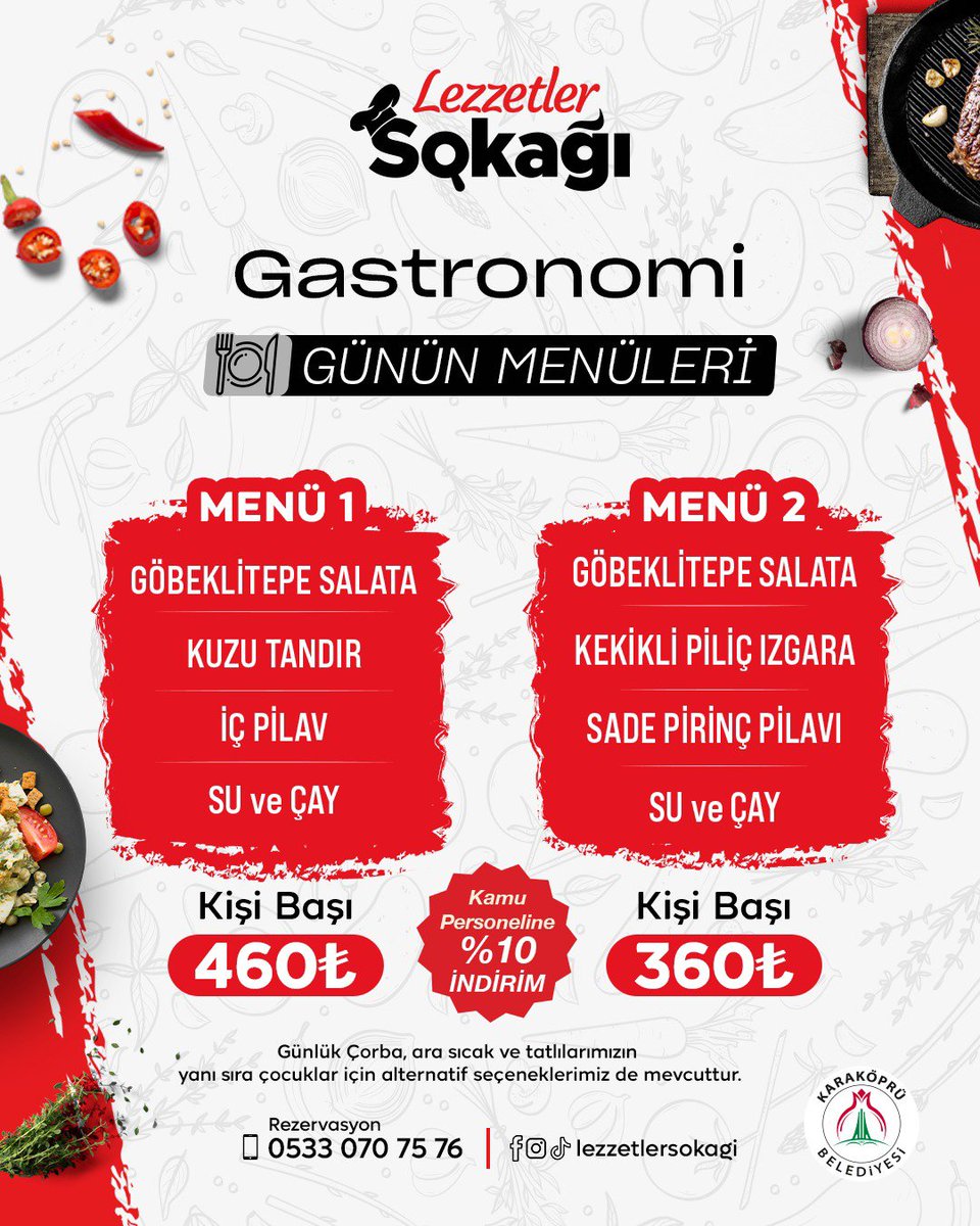 LezzetlerSokagi's tweet photo. 29 Eylül Salı Günün Menüsü
✅Gastronomi bölümünde kamu personellerine %10 indirim bulunmaktadır. 
✅Vitamin Cafe bölümünde; sıkma meyve suları, yöresel  ve dünya kahveleri mevcuttur. 
✅Pasta evinde birbirinden farklı tatları deneyebilirsiniz. 
Kaliteli lezzetler sizleri bekliyor https://t.co/r4YUanTWNQ
