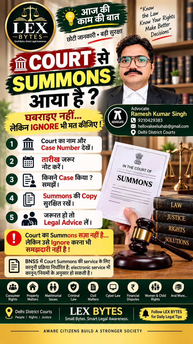 lexbyts's tweet photo. 🚨 COURT से SUMMONS आया है? घबराइए नहीं… लेकिन IGNORE भी मत कीजिए! ⚖️

जरूरत के अनुसार खुद appear करें या उचित legal advice लें
#Shorts #LexBytes #CourtSummons #LegalTips #CourtNotice https://t.co/Ap8rBpsRUU