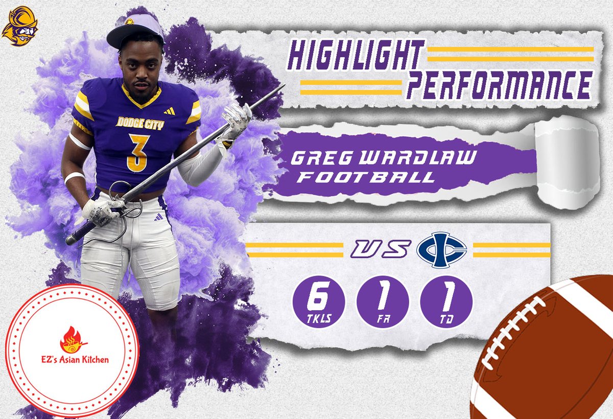 GoConqs's tweet photo. 🏈Highlight Performance of the Day🏈

EZ's Asian Kitchen Highlight Performance of the Day for Football - Greg Wardlaw - he had 6 tackles & a fumble recovery for a TD in Conqs win over #10 Iowa Central #GoConqs #BurnTheBoats

EZ's Asian Kitchen - Located at 2409 Central Ave in Dodge City, KS
