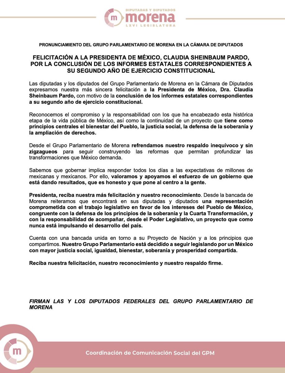 GabyJimenezMX's tweet photo. Somos parte del Congreso Constituyente de la Cuarta Transformación, y asumimos con orgullo y responsabilidad lo que eso significa.

En nuestra bancada de Morena refrendamos nuestro reconocimiento a la presidenta @Claudiashein por estos dos años de gobierno y nuestro compromiso de seguir impulsando desde la Cámara de Diputados las reformas que México necesita.

Seguiremos legislando por más derechos, justicia social, igualdad, bienestar y soberanía para nuestro pueblo. ❤️🇲🇽

#GabrielaJimenez #ClaudiaSheinbaum #Morena #4T #CámaraDeDiputados