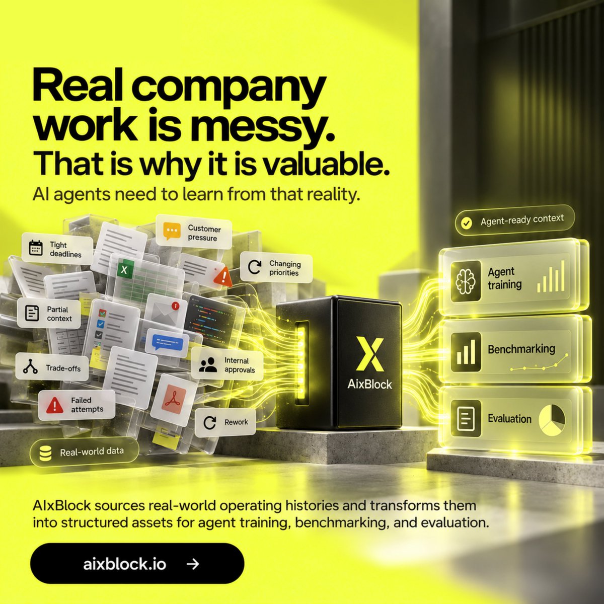 AIxBlock's tweet photo. Real company work is messy.
That is why it is valuable.

Deadlines.
 Trade-offs.
 Partial context.
 Changing priorities.
 Customer pressure.
 Internal approvals.
 Failed attempts.
 Rework.

AI agents need to learn from that reality.
AIxBlock sources real-world operating histories and transforms them into structured assets for agent training, benchmarking, and evaluation.
#AIAgents #RealWorldData #AIData #FrontierAI