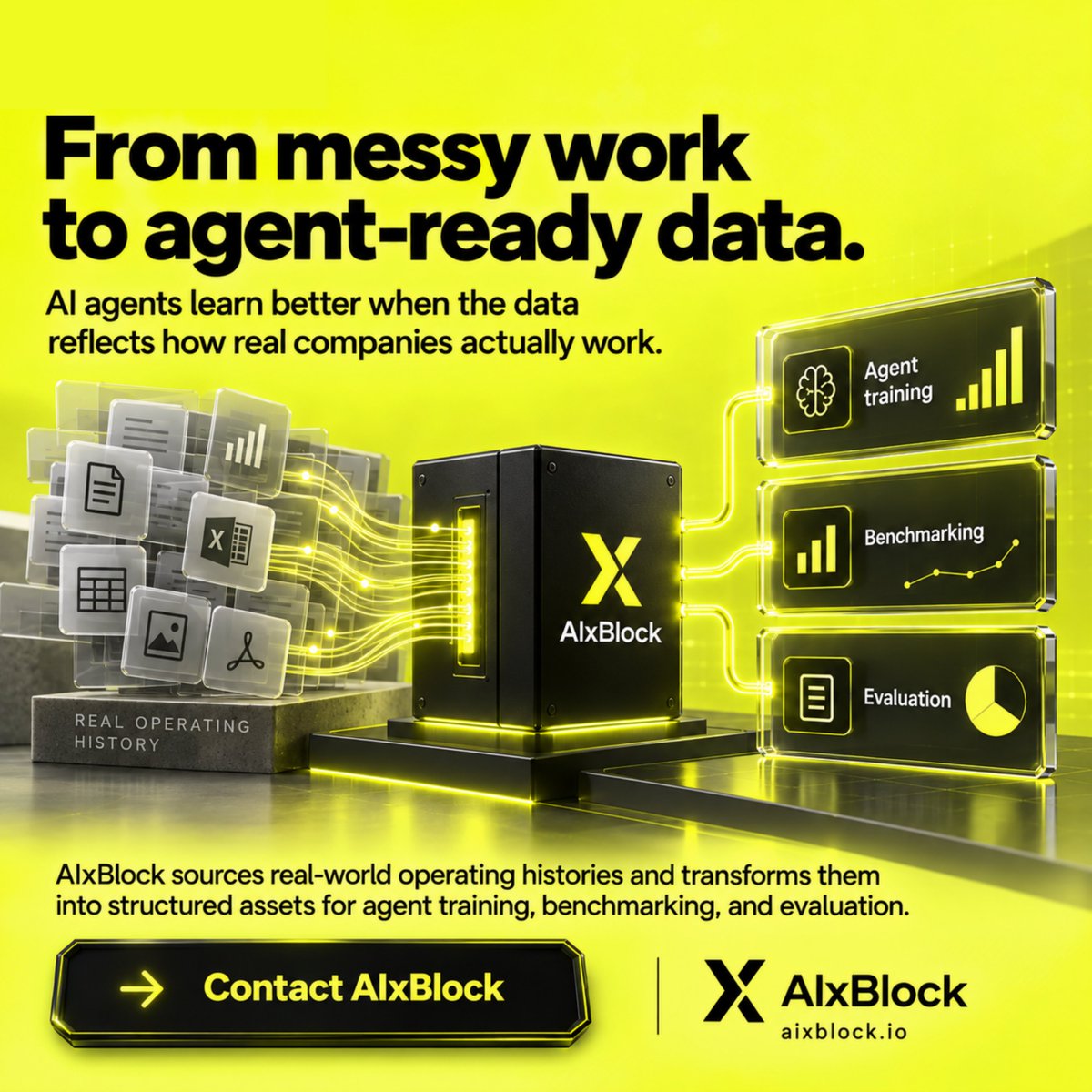 AIxBlock's tweet photo. Real company work is messy.
That is why it is valuable.

Deadlines.
 Trade-offs.
 Partial context.
 Changing priorities.
 Customer pressure.
 Internal approvals.
 Failed attempts.
 Rework.

AI agents need to learn from that reality.
AIxBlock sources real-world operating histories and transforms them into structured assets for agent training, benchmarking, and evaluation.
#AIAgents #RealWorldData #AIData #FrontierAI