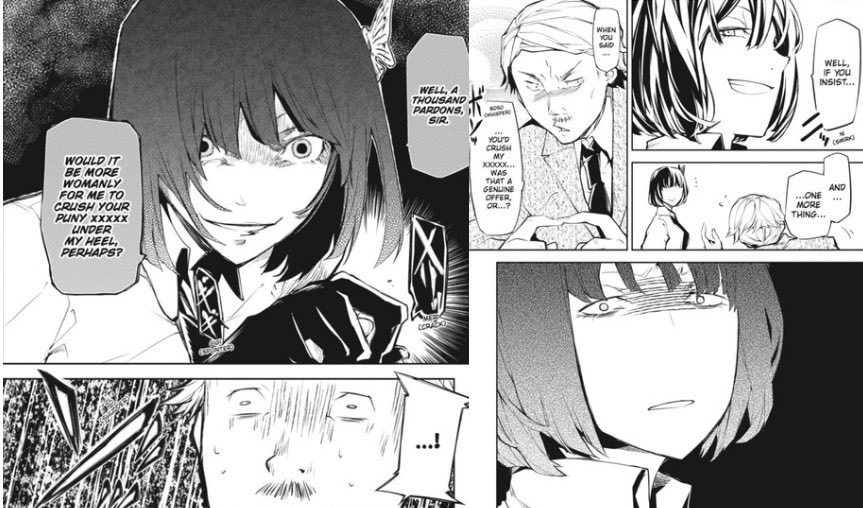 GreenGraxss's tweet photo. The only time Bones did better than original manga that is taking the sexual harassment against Yosano seriously https://t.co/4HBOV7RWa2