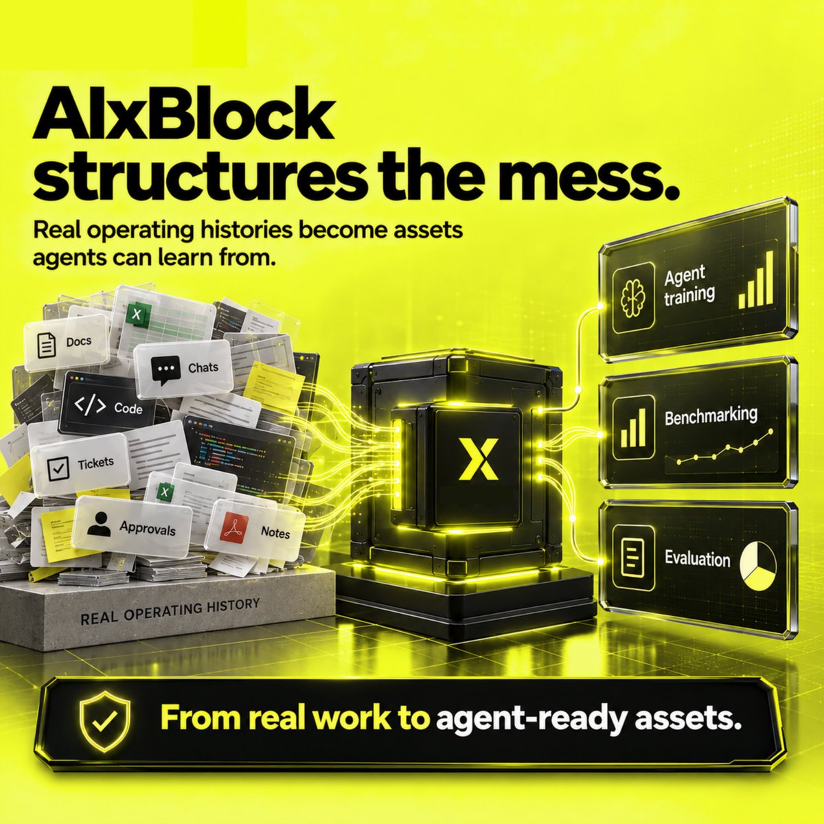 AIxBlock's tweet photo. Real company work is messy.
That is why it is valuable.

Deadlines.
 Trade-offs.
 Partial context.
 Changing priorities.
 Customer pressure.
 Internal approvals.
 Failed attempts.
 Rework.

AI agents need to learn from that reality.
AIxBlock sources real-world operating histories and transforms them into structured assets for agent training, benchmarking, and evaluation.
#AIAgents #RealWorldData #AIData #FrontierAI
