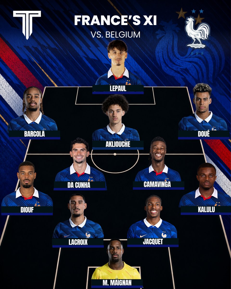 TouchlineX's tweet photo. 🚨 𝗢𝗙𝗙𝗜𝗖𝗜𝗔𝗟: France XI in their Nations League game vs. Belgium! 🇫🇷💫 https://t.co/9zZe2aER32