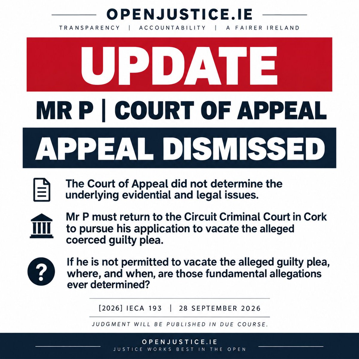 OpenJusticeIE's tweet photo. UPDATE — MR P | COURT OF APPEAL

The Court of Appeal has today dismissed Mr P’s appeal in P v DPP & Fiosrú, [2026] IECA 193.

Mr P’s central argument was that the alleged illegality arose before the alleged coerced guilty plea was ever entered.

He argued that he was not lawfully before the Cork Circuit Criminal Court because the prosecution itself lacked a lawful evidential foundation, raising issues concerning missing PULSE, arrest, detention and search warrant records, the provenance of prosecution statements, forensic linguistic evidence identifying central and shared authorship, metadata concerning DPP modification of statements after charge, and the integrity of the decision to prosecute.

His case was that, if the prosecution and indictment were fundamentally invalid from the outset, a later alleged coerced guilty plea could not retrospectively cure or validate that alleged illegality. The judgment records his contention that the alleged coerced guilty plea was entered under coercion and threat to life.

The Court of Appeal did not determine any of those underlying evidential issues.

Instead, it held that the alleged coerced guilty plea remains legally operative unless and until it is vacated, and that Mr P must return to Cork Circuit Criminal Court to pursue his outstanding application to vacate the alleged coerced guilty plea.

Only if that application succeeds can the underlying issues concerning admissibility, unfairness, illegality and oppression then be advanced before the trial court. The judgment specifically leaves matters concerning missing PULSE records, the search warrant, forensic linguistic evidence, witness/audio evidence, contradictory prosecution evidence and the decision to prosecute to that court ONLY IF the alleged coerced guilty plea is vacated.

So after High Court judicial review and an appeal to the Court of Appeal, the substantive question raised by Mr P remains unanswered after submissions to four Superior Court Judges:

Was there a lawful foundation for the prosecution and indictment in the first place?

And another question now follows.

What happens if Mr P is not permitted to vacate the alleged coerced guilty plea?

If the superior courts will not determine the underlying legality while the alleged coerced guilty plea remains in place, and those same issues can only be examined at trial IF the alleged coerced guilty plea is first vacated:

where, and when, are those allegations ever judicially determined if that application fails?

That question remains.

Mr P now returns to Cork Circuit Criminal Court.

[2026] IECA 193 — 28 September 2026

Judgment will be published in due course.
