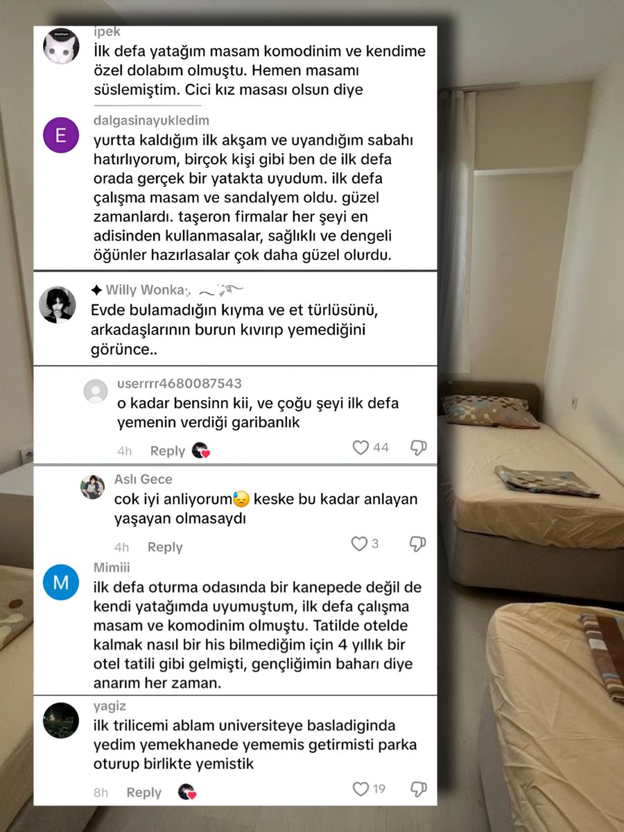 HaberReport's tweet photo. Fatma Betül'ün milyar TL götürdüğü ülkede... KYK yurdunda kalan gençler ülkedeki derin yoksulluğu bir başka açıdan anlatıyor: 

"Yurtta kaldığım ilk akşam ve uyandığım sabahı hatırlıyorum, ben ilk defa orada gerçek bir yatakta uyudum. ilk defa çalışma masam ve sandalyem oldu."

"İlk defa bu kadar kıyma ve et yedim"

"İlk defa oturma odasında bir kanepede değil de kendi yatağımda uyumuştum, ilk defa çalışma masam ve komodinim olmuştu. Tatilde otelde kalmak nasıl bir his bilmediğim için 4 yıllık bir otel tatili gibi gelmişti, gençliğimin baharı diye anarım her zaman."

"İlk defa yatağım masam komodinim ve kendime özel dolabım olmuştu. Hemen masamı süslemiştim. Cici kız masası olsun diye."