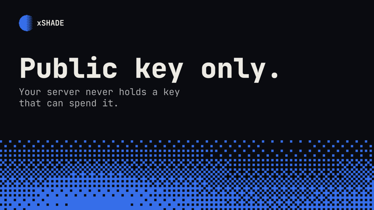 xshade402's tweet photo. 2/3 Privacy shouldn’t require giving up custody.

With xSHADE, the server only needs a public key. Spend authority stays entirely with the receiver.

No custodial hot wallet sitting behind the API. https://t.co/vSprEyiWQK