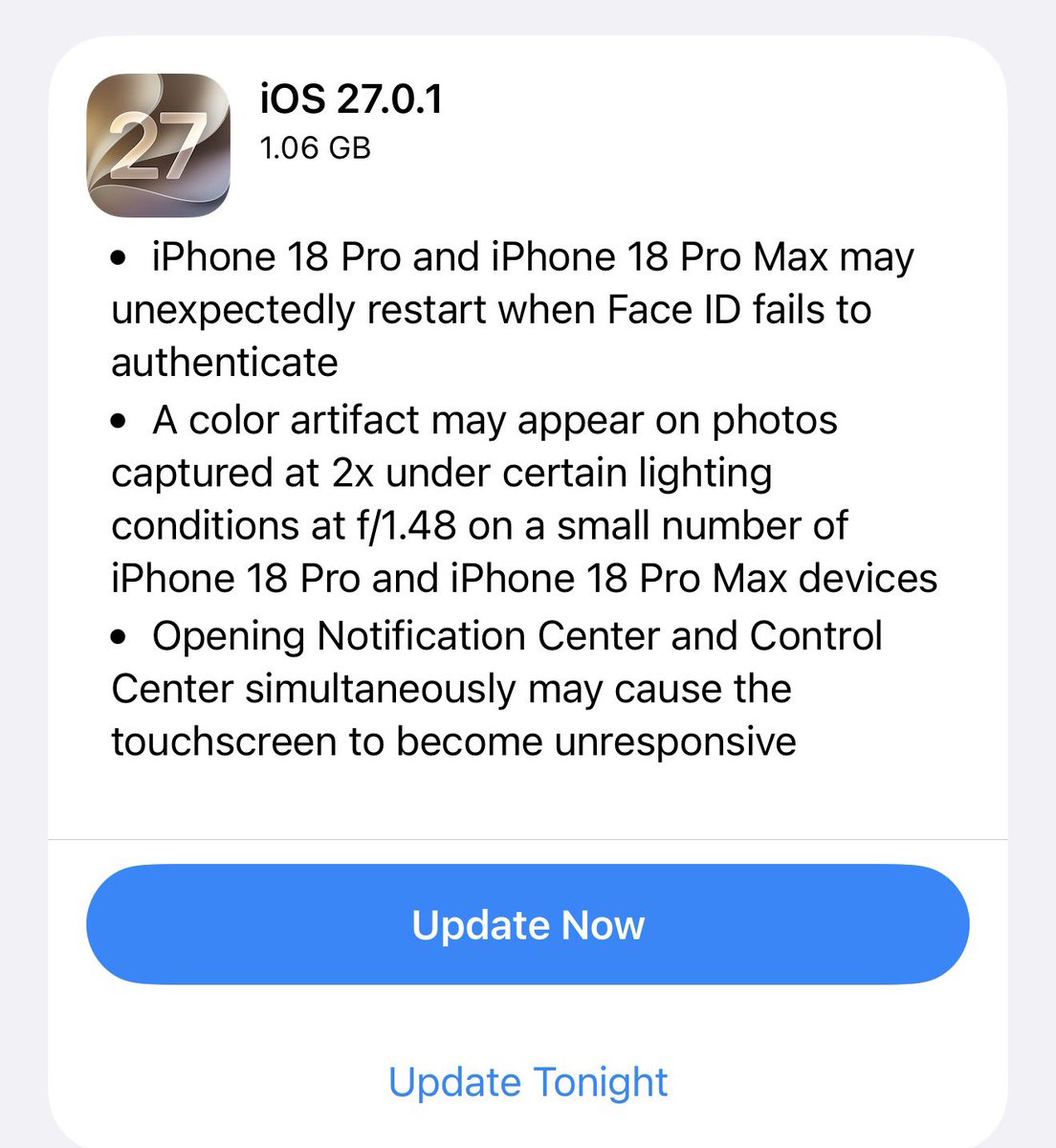 _TodayICT's tweet photo. Apple has released iOS 27.0.1 🙂‍📷It includes Face ID fixes for the iPhone 18 Pro and Pro Max, and resolves the unresponsive bug. https://t.co/7ue7X3DMqv