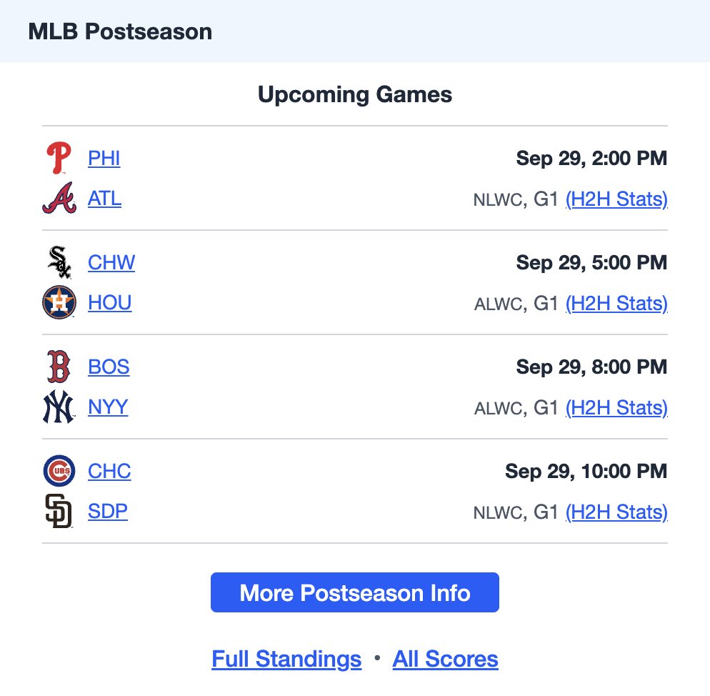 notgaetti's tweet photo. Drop whatever you're doing, folks

They've added a postseason widget to the new Sports Reference Hub, putting everything postseason right on your homepage

This is THE best time of year for baseball https://t.co/5QNnYiKNMC