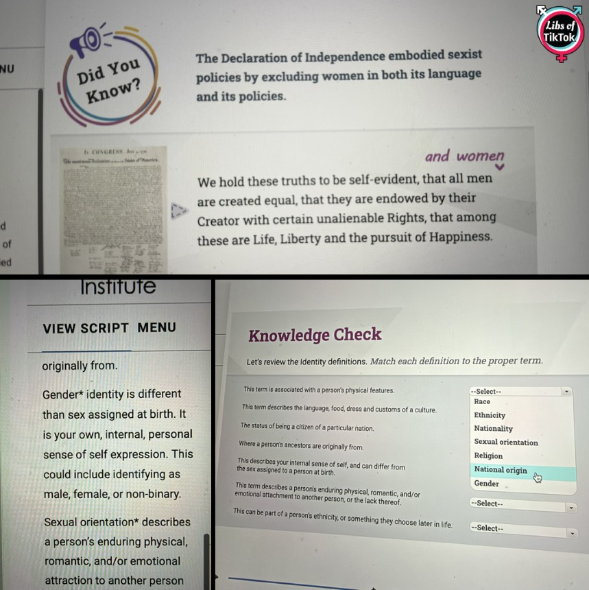 libsoftiktok's tweet photo. HOLY SH*T

@UMNews has WOKE onboarding modules for incoming students, teaching them that the Declaration of Independence "embodied sexist policies." 

They also push radical gender ideology while conducting "identity knowledge checks."

This university is a far-left indoctrination camp.

They should be investigated and defunded