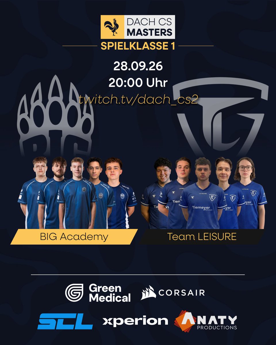 dachcs's tweet photo. Unser B- und C-Stream startet auch gleich 🤩

Auf unserem 2. Kanal seht ihr @BIGCLANgg Academy vs. @Team_LEISURE und auf unserem 3. Channel gibt's @CPLAYgg vs. @OTHERSCANTBEAT ⚔️

@BIGCLANgg Academy 🆚 @Team_LEISURE
⏰ 20:00 Uhr
📺 ttv/dach_cs2
🎙️ @Frixxum & @StormforsCSGO

@CPLAYgg 🆚 @OTHERSCANTBEAT
⏰ 20:00 Uhr
📺 ttv/dach_cs3
🎙️ @j4nnisCS

#DACHCSMasters🐔