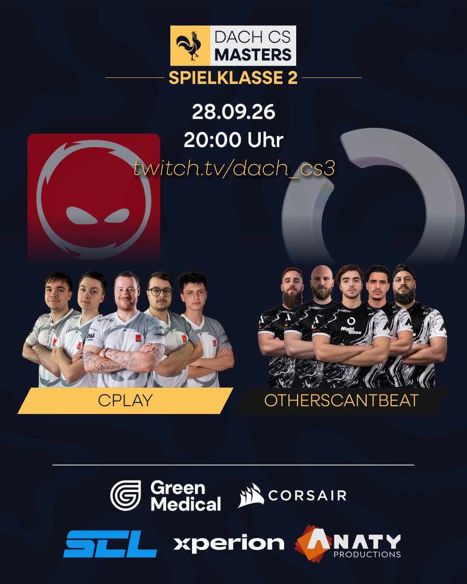 dachcs's tweet photo. Unser B- und C-Stream startet auch gleich 🤩

Auf unserem 2. Kanal seht ihr @BIGCLANgg Academy vs. @Team_LEISURE und auf unserem 3. Channel gibt's @CPLAYgg vs. @OTHERSCANTBEAT ⚔️

@BIGCLANgg Academy 🆚 @Team_LEISURE
⏰ 20:00 Uhr
📺 ttv/dach_cs2
🎙️ @Frixxum & @StormforsCSGO

@CPLAYgg 🆚 @OTHERSCANTBEAT
⏰ 20:00 Uhr
📺 ttv/dach_cs3
🎙️ @j4nnisCS

#DACHCSMasters🐔