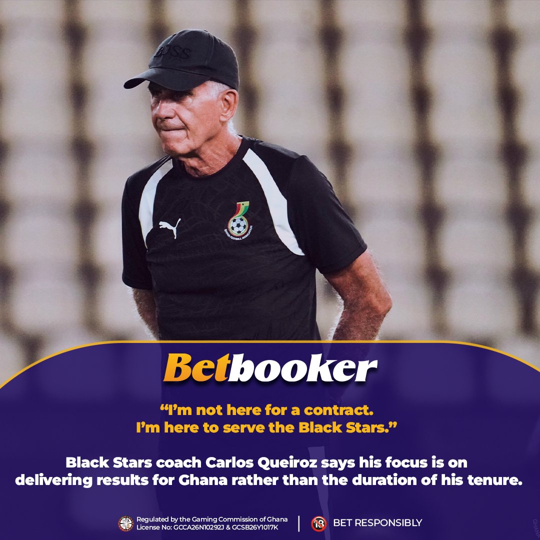 Betbooker's tweet photo. 🇬🇭 No contract talk. Just business.

Carlos Queiroz says his focus is simple - Deliver for Ghana. ⭐

Now, the results must speak. 👀

#Betbooker #Blackstars #Circle https://t.co/6tuT1ywIX2