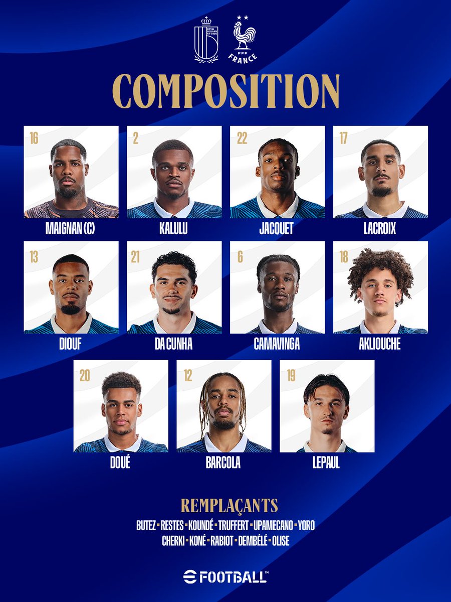 equipedefrance's tweet photo. Les 11 Bleus qui débuteront face à la Belgique ce soir 💙🇫🇷

#BELFRA https://t.co/B3G8UcqSZL