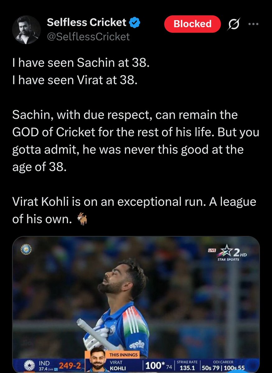 Loyalsachfan10's tweet photo. Tell me you started watching cricket recently without telling me.

You’ve seen Sachin at 38. You’ve seen Virat at 38. Cool. But apparently you forgot to watch what Sachin was actually doing at 37–38. 😭

2010: 1,562 Test runs at 78.10, with 7 centuries. (hmmmm)

2010: First ever ODI double century – 200* vs South Africa.

2011: 482 runs in the World Cup at 38, helping India win the damn trophy.

2010: Won the Sir Garfield Sobers Trophy as ICC Cricketer of the Year.

And after all that, you’re telling people Sachin “was never this good at 38” because Virat smashed 100 off 74* in one innings?

That isn’t cricket analysis. That’s selective memory with a blue tick.

Respect Virat’s run, but rewriting Sachin’s age-38 cricket to make your favourite look better is just embarrassing. 🤡