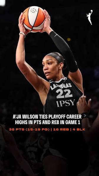 dish's tweet photo. A’ja Wilson put up 38 PTS, 16 REB, 4 BLK, and shot 15-for-19 from the field in Game 1. 

That is the most efficient 30-point playoff game in WNBA history. Is there anyone in the league who can stop her right now, or are the Aces already on a clear path to another title? 

Read our 2026 postseason team previews: https://t.co/OSyt23zY5g