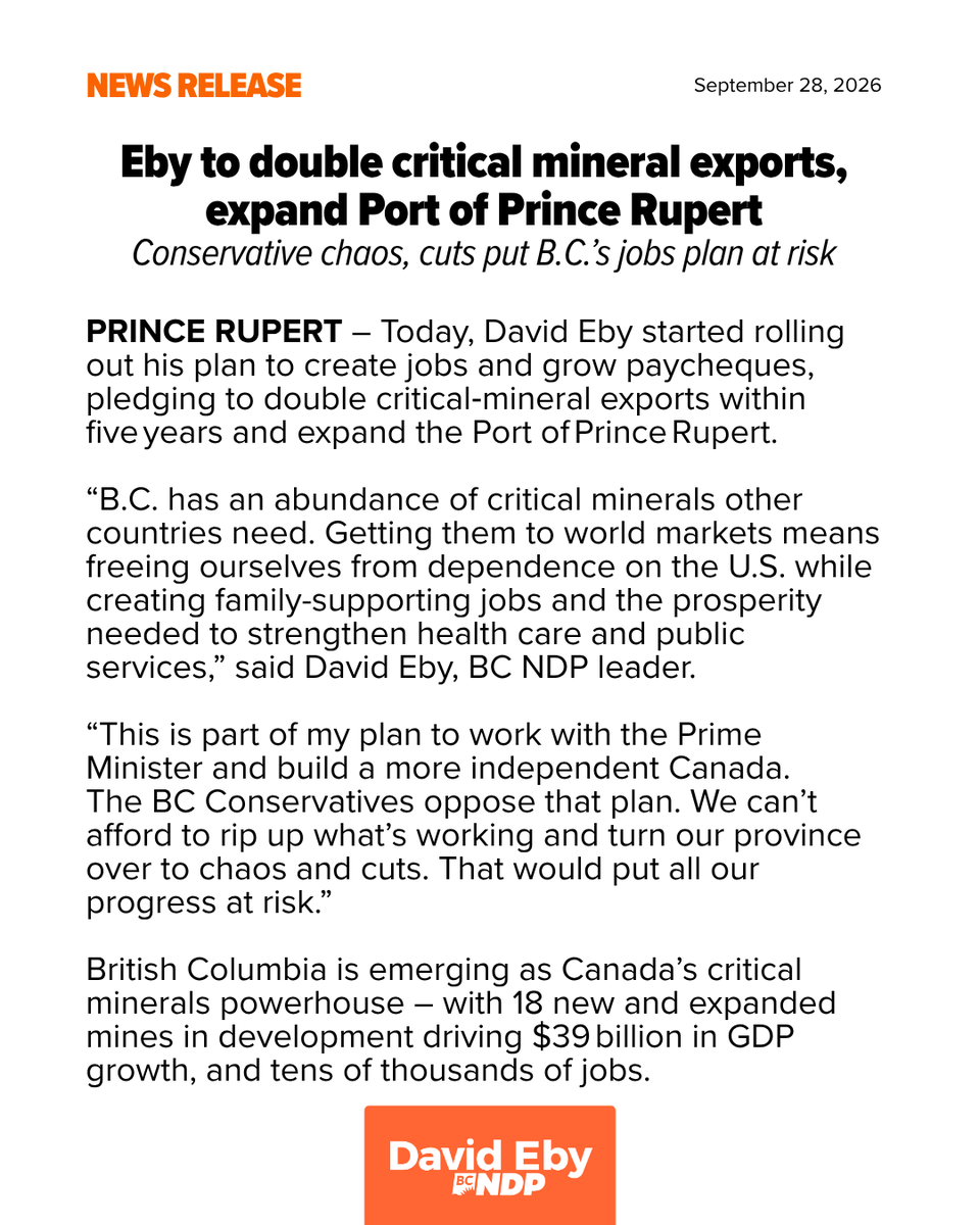 bcndp's tweet photo. #BREAKING: David Eby commits to doubling B.C.'s critical mineral exports and expanding the Port of Prince Rupert. More good jobs here, less dependence on the U.S. https://t.co/AoAcayisk2