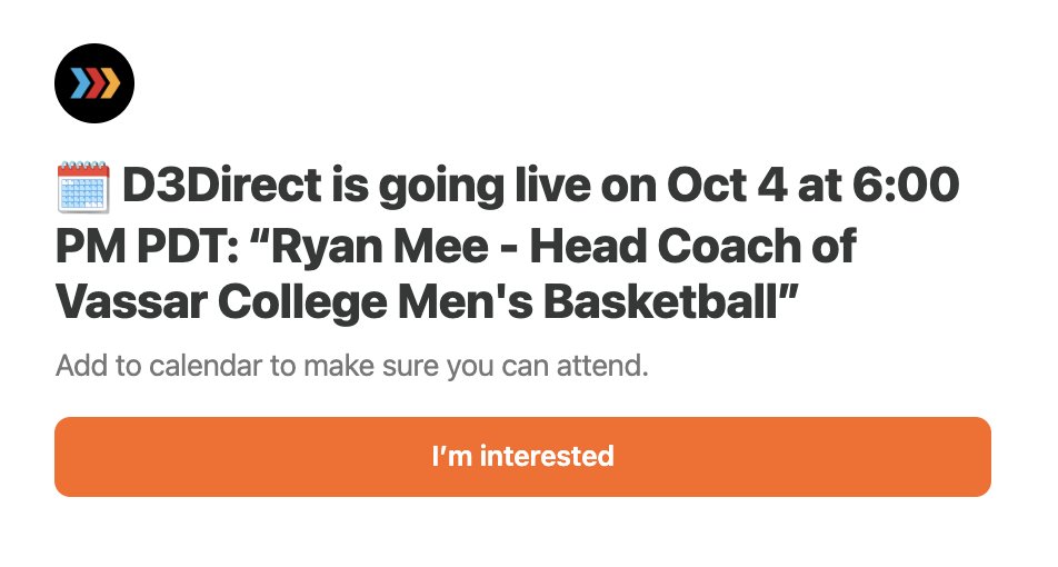D3Direct's tweet photo. Our next D3 Head Coach Live Q&amp;A ⬇️

Ryan Mee - 10/4 at 9pm ET!

He's the Head Coach of @VassarMBB and played #d3hoops at @URMensHoops 

(Link to join is in our website banner) https://t.co/v2IYe9rc92