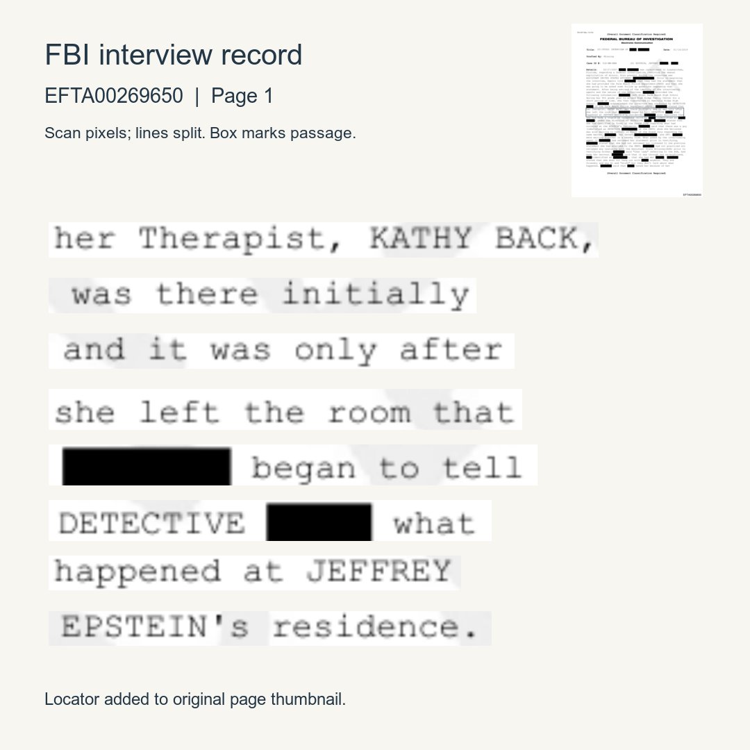epsteinsearchin's tweet photo. In a 2007 FBI interview, a witness said she began telling a Palm Beach detective what happened at Epstein's house only after her therapist left the room. https://t.co/mZ3Fvtoq0H