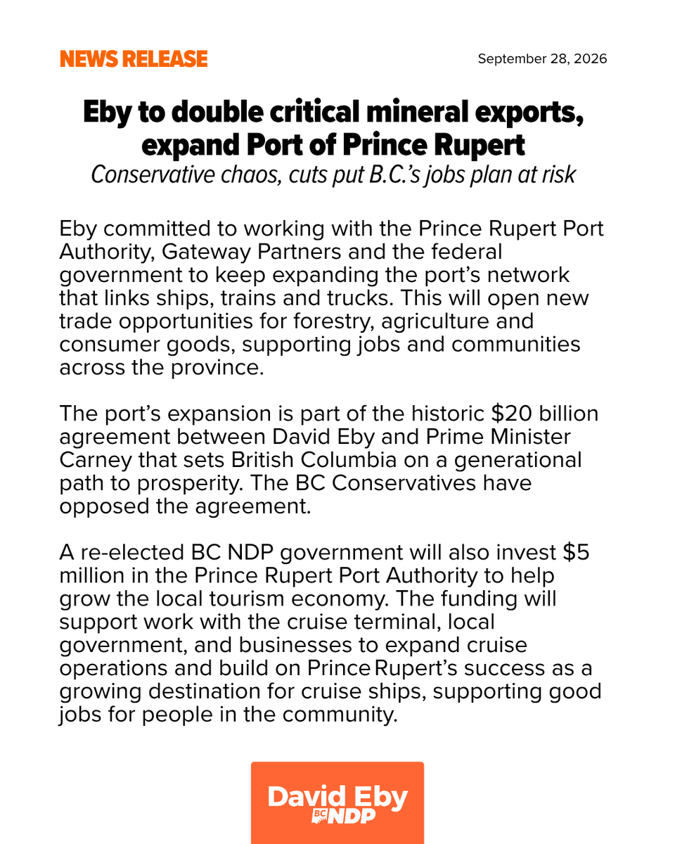 bcndp's tweet photo. #BREAKING: David Eby commits to doubling B.C.'s critical mineral exports and expanding the Port of Prince Rupert. More good jobs here, less dependence on the U.S. https://t.co/AoAcayisk2