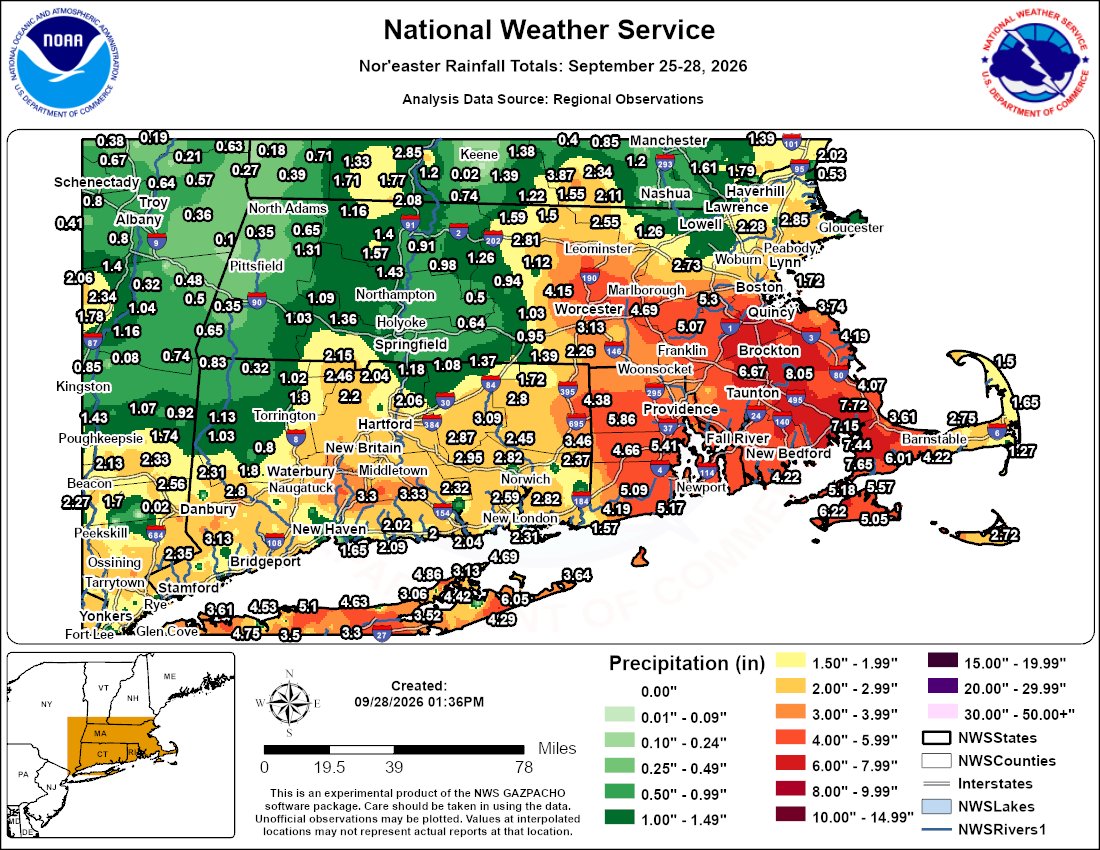 NWSBoston's tweet photo. Impressive rainfall totals from this weekend’s nor’easter, especially across RI and southeast MA. Hundreds of reports helped make this analysis possible... Thank you!

Another 0.5-1" is possible today before drying out overnight. #MAwx #RIwx #CTwx https://t.co/WcDWqc6gSO