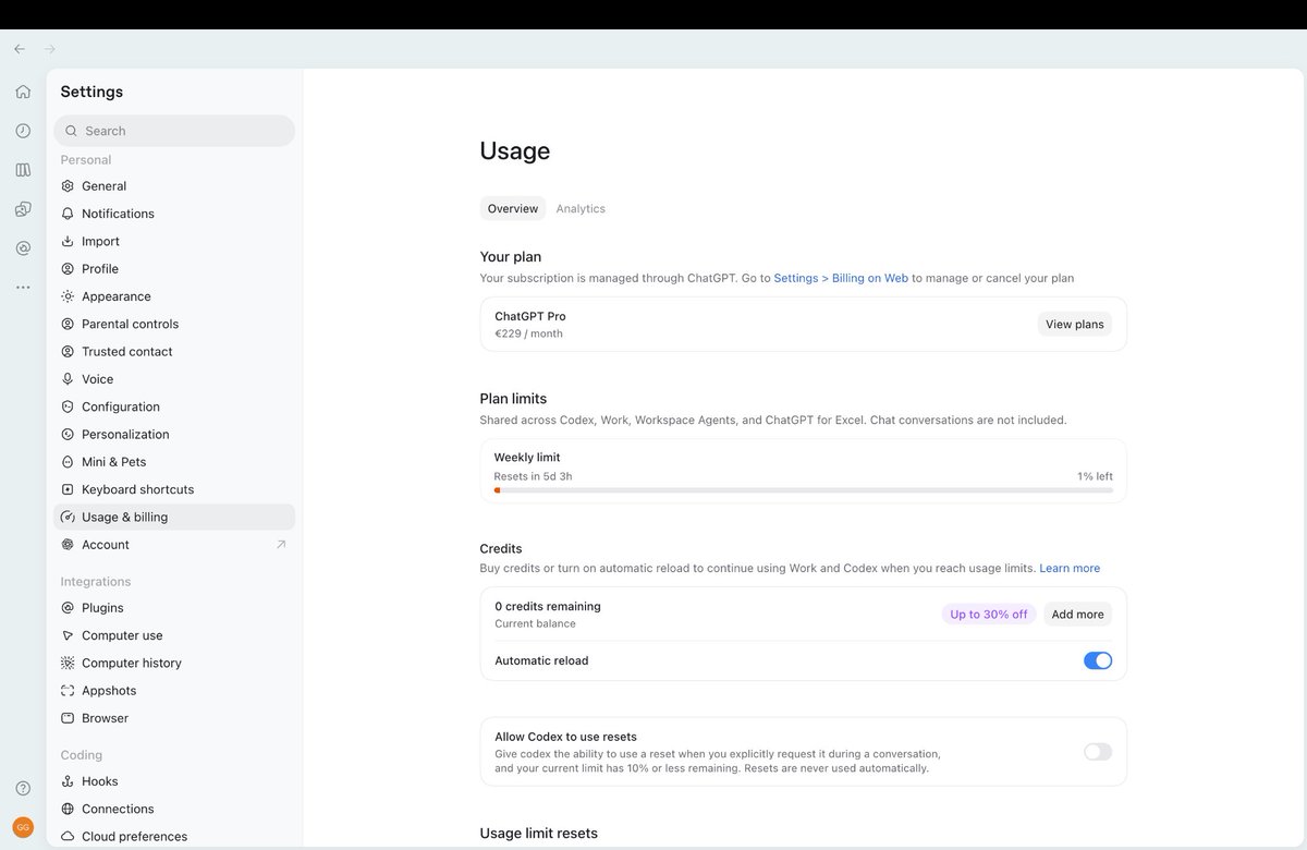 AndreiKoless's tweet photo. I finally changed the main engineering operator on Ashitaka. 

Same real project. Same repository. Same overall goal and high-level orchestration. 

Codex/Astra → Claude. 

The difference after ~2 days is brutal. 

OpenAI: 1% of my weekly limit left. Claude Max 20x: ~14% used. https://t.co/SGvL1cw9CI