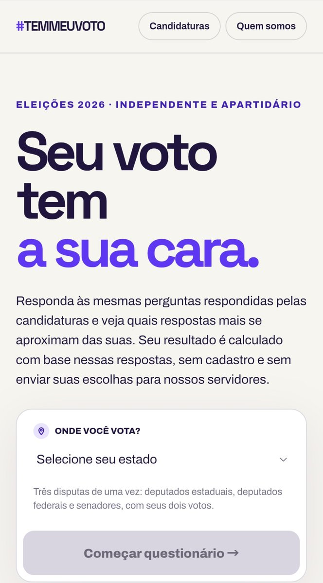 NabilBondukiSP's tweet photo. A plataforma TEM MEU VOTO precisa ser revista imediatamente ou retirada do ar.

Eu mesmo respondi ao questionário. De início, achei algumas perguntas meio estranhas, mas segui até o fim. Agora, com a plataforma no ar, o resultado apresentado me causou enorme preocupação.

A plataforma afirma que não exibe os candidatos de acordo com o ranking de afinidade, mas por meio de um sorteio. Na prática, isso pode fazer com que os candidatos apontados como de MAIOR afinidade com as respostas do eleitor sequer apareçam entre as primeiras opções, enquanto candidatos com MENOR afinidade ganham destaque.

No meu caso, aparecem primeiro candidatos de partidos de direita ou de centro, mesmo com índices de afinidade inferiores.

Qual é, então, o sentido de uma ferramenta que se propõe a ajudar o eleitor a identificar candidatos com posições semelhantes às suas, mas não prioriza justamente aqueles com quem ele apresentou maior afinidade?

Isso precisa ser esclarecido e corrigido. Do jeito que está, em vez de informar, a plataforma pode confundir o eleitor.