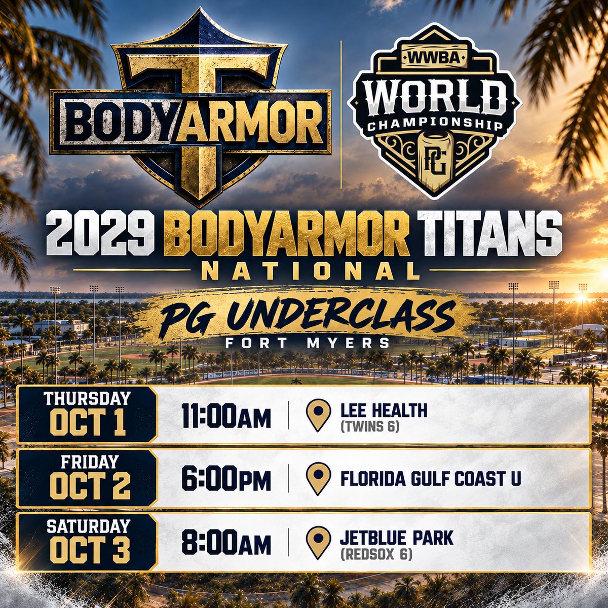 TQuatt7's tweet photo. 2028 and 2029 Fort Myers schedules this week!

Some must see guys for the 2028s before fall ball wraps up! 

Good test for the 2029s who are playing up at the Underclass event! (Event for 2028s) https://t.co/iacFt6dDsy