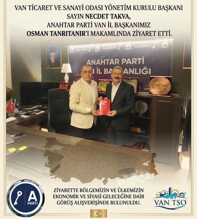 anahtarpartivan's tweet photo. #anahtarparti
@NecdetTakva 
@anahtarpartivan 
Van TSO Başkanımız Sayın Necdet Takva, Anahtar Parti Van İl Başkanımız Osman Tanrıtanır’ı makamında ziyaret etti.
Nazik ziyaretleri ve takdim ettikleri kıymetli hediye için Sayın Takva’ya teşekkür ediyoruz. https://t.co/25xZiKKEUK