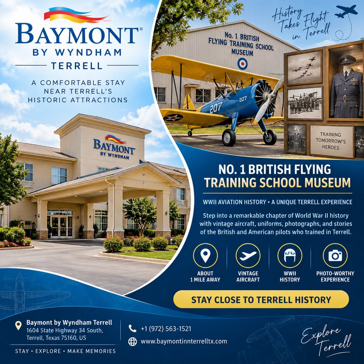 BaymontTerrell's tweet photo. Stay close to a unique piece of Terrell history! โ๏ธ
Enjoy a comfortable stay at Baymont by Wyndham Terrell.
๐ +1 (972) 563-1521
๐ https://t.co/UXicP4A7gf
#BaymontTerrell #TerrellTexas #VisitTerrell #TexasTravel #WWIIHistory #AviationHistory #BritishFlyingTrainingSchool #Things https://t.co/gvUsvwejoF
