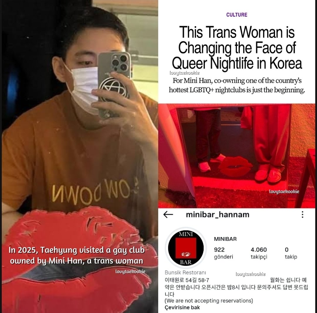 Tativkookie's tweet photo. In 2025, Taehyung visited a gay club owned by Mini Han, a trans woman and co-owner of one of the most popular gay clubs in South Korea. Besides visiting the bar, he also took an iconic selfie in front of the lipstick mirror in the club, Oops, it's worth mentioning that her bar https://t.co/IE6Ye42Gsh