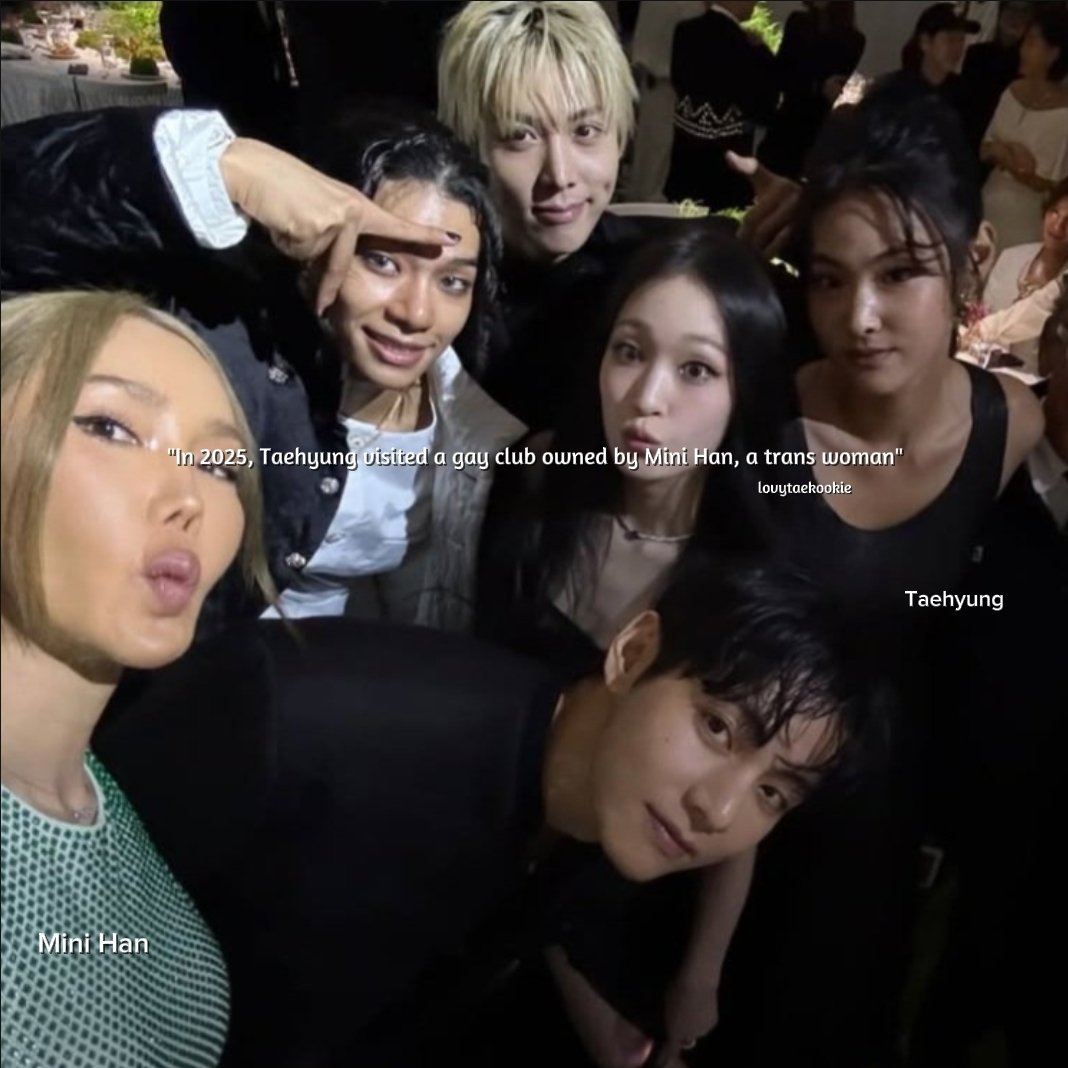 Tativkookie's tweet photo. In 2025, Taehyung visited a gay club owned by Mini Han, a trans woman and co-owner of one of the most popular gay clubs in South Korea. Besides visiting the bar, he also took an iconic selfie in front of the lipstick mirror in the club, Oops, it's worth mentioning that her bar https://t.co/IE6Ye42Gsh