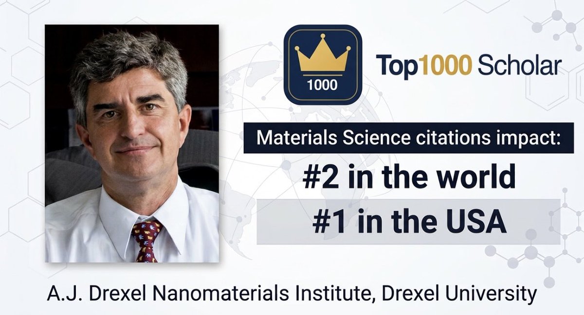 drexelnano's tweet photo. Professor @YGogotsi has been ranked #2 in the world in Materials Science and #1 in the USA for lifetime citation impact in the latest Top 1000 Scholars ranking.

#DrexelUniversity #Drexel #Nanomaterials #MaterialsScience #YuryGogotsi https://t.co/alZYYqWyLn