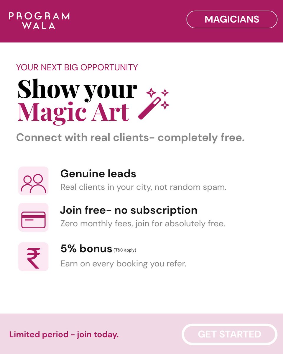 program_wala's tweet photo. Are you a professional Magician looking to grow your business? 🎩

📩 DM us your profile/work details to get started.
📞 Call or WhatsApp: 8400128910
🌐 Visit: https://t.co/I9nyIrpJ2I
#ProgramWala #Magician #WeddingEntertainment #WeddingLeads #GrowYourBusiness https://t.co/le67BWIYhQ