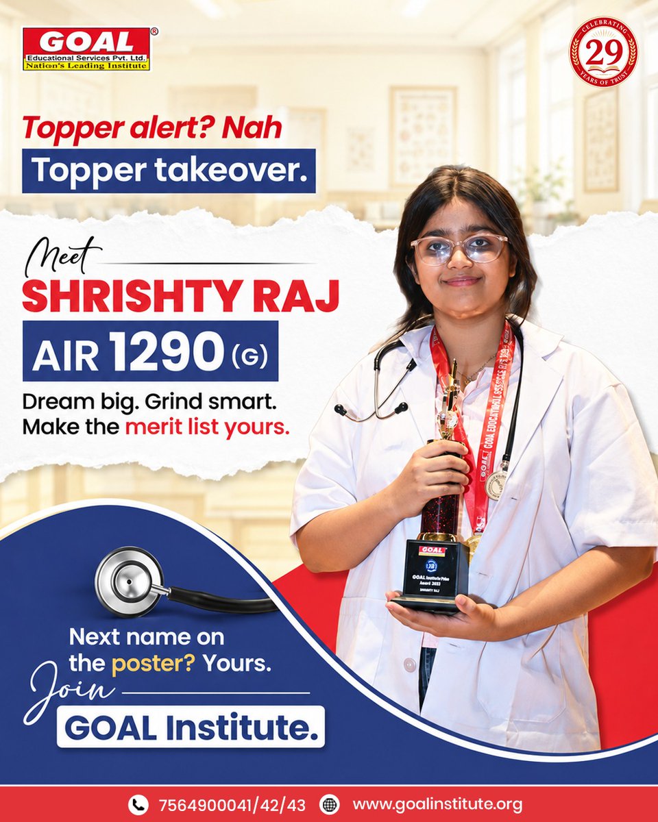 goalpatna's tweet photo. The next topper story could start with YOU!
Shishty Rajβs journey to AIR 1290 (G) shows what happens when ambition meets excellence. π©Ίπ
π₯ Watch now: https://t.co/j1M1yT4haM
#GOALInstitute #TopperTakeover #NEETJourney #MedicalAspirants #SuccessStory https://t.co/heIfeV4XUT