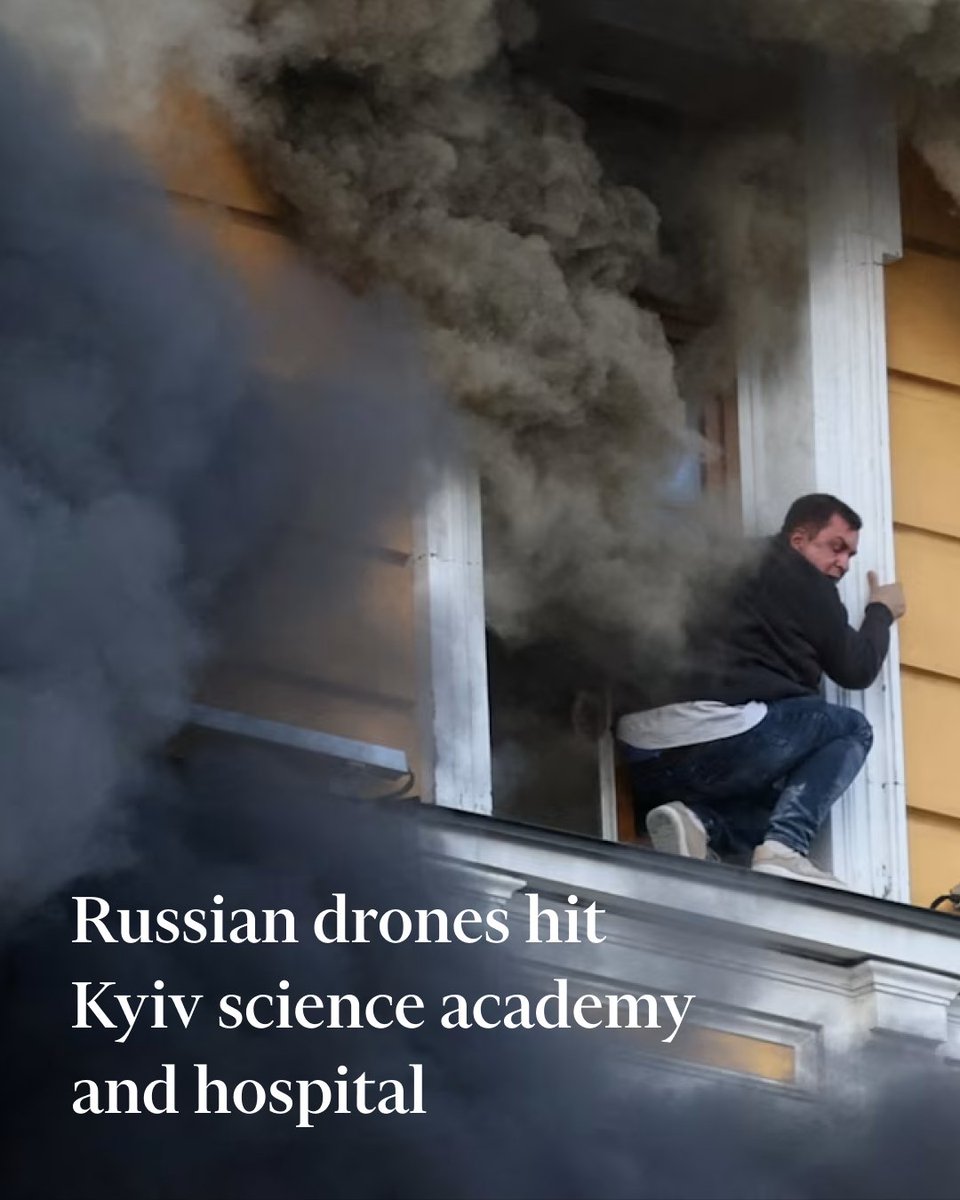 FT's tweet photo. A strike by a Russian drone destroyed Ukraine’s National Academy of Sciences in central Kyiv. The FT witnessed several people scrambling for safety and climbing out of third-floor windows. https://t.co/TttkvJwfYR https://t.co/cmL3svDRtS
