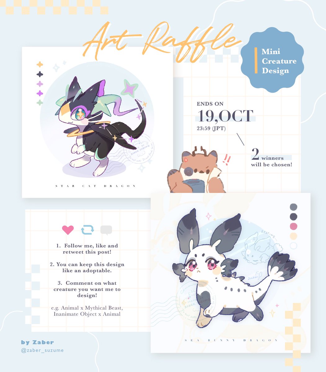 zaber_suzume's tweet photo. 🐥 Creature Design Art Raffle 🐥
Get your own custom mini creature! 🦤

To Enter:
- Be a follower
- Retweet and like this post
- Comment on the creature you would like to be designed
(e.g animal x mythical beast)

There will be 2 winners.
Ends on 19 OCT, good luck! 🫡
#artraffle https://t.co/g22lif4CDZ