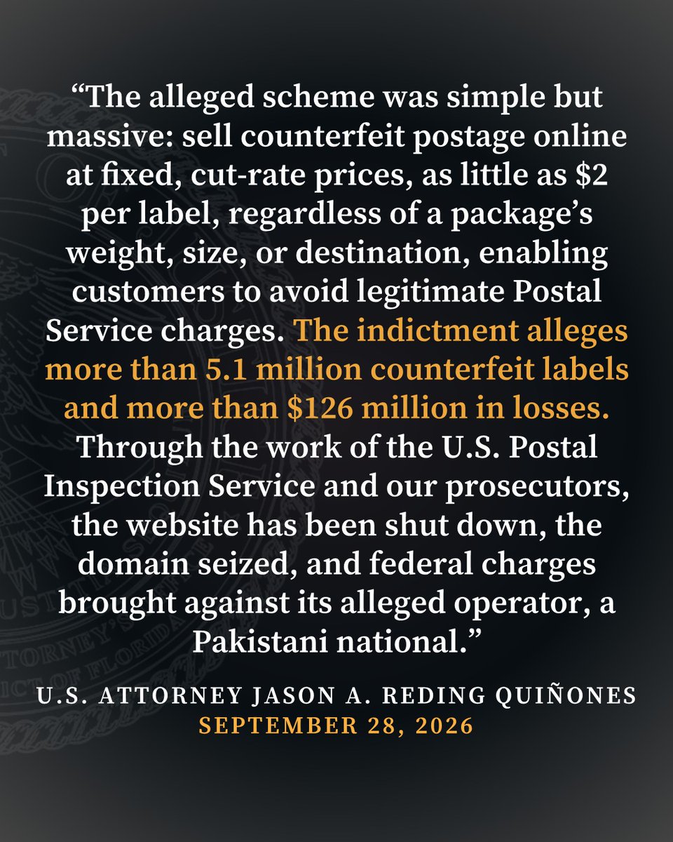 USAO_SDFL's tweet photo. A Pakistani national has been charged with allegedly selling over 5 million fake USPS labels through his operation of an unauthorized website, causing more than $126 million in losses. Thanks to the U.S. Postal Inspection Service, the site has been shut down and charges have been filed.