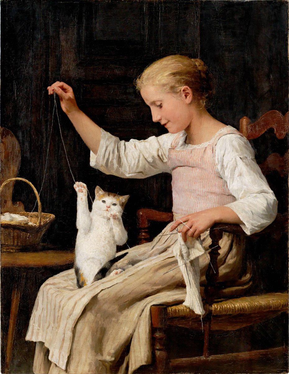 fraveris's tweet photo. “No act of kindness, no matter how small, is ever wasted.”

- Aesop

Girl playing with cat - Albert Anker - 1887 https://t.co/1klNRpLedN