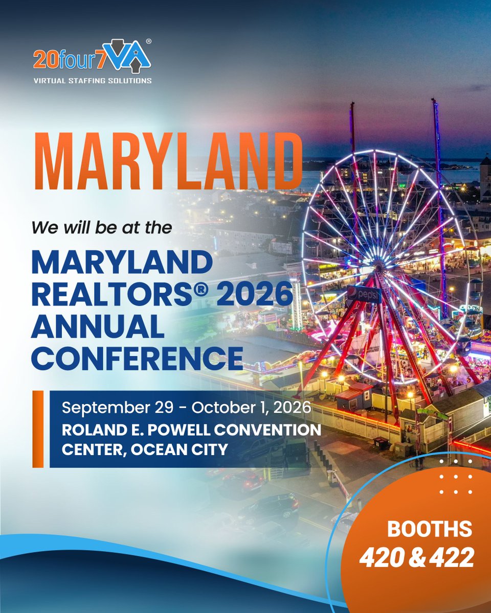 20four7VA's tweet photo. We’re thrilled to announce that the 20four7VA team is heading to beautiful Ocean City for the Maryland Realtors® 2026 Annual Conference!
📍 Roland E. Powell Convention Center
🗓️ Sep. 29 – Oct. 1, 2026
📌 Booths: 420 &amp; 422

#MarylandREALTORS #RealEstateConference #RealEstateVA https://t.co/PEGhO6YjSP