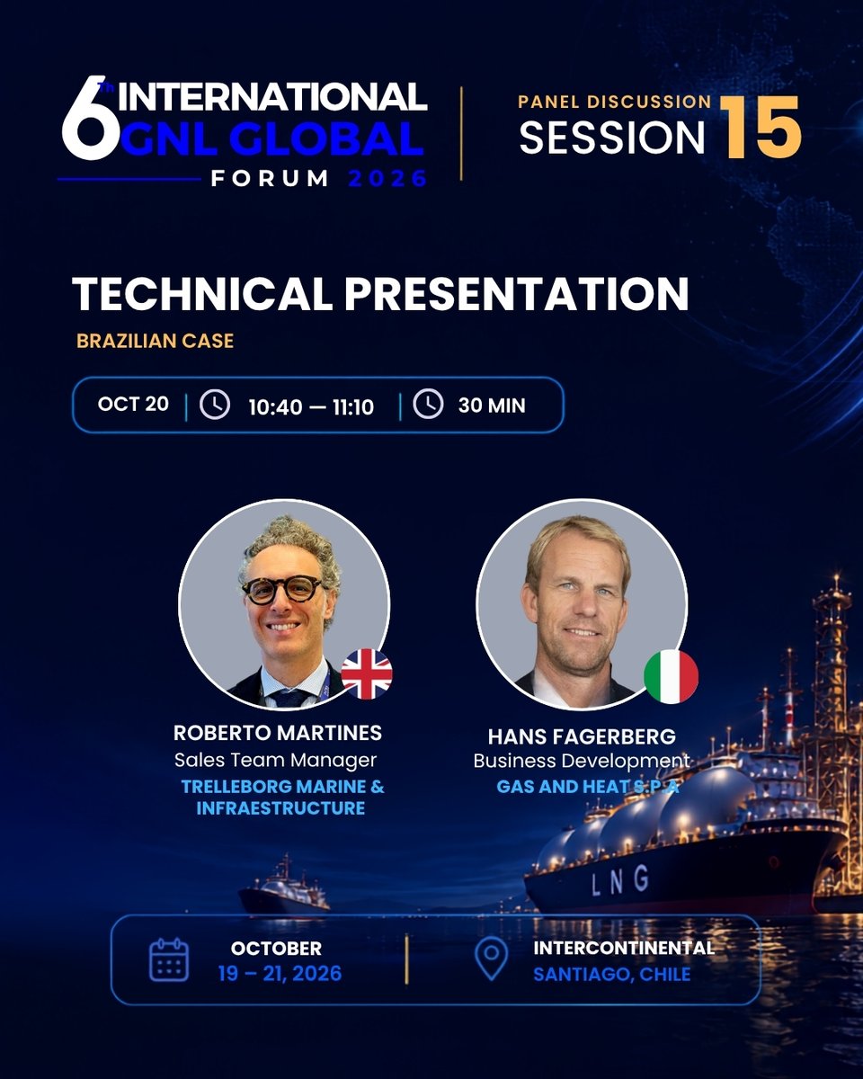 gnlglobal's tweet photo. ⚙️ SESSION 15 | TECHNICAL PRESENTATION: BRAZILIAN CASE

A technical presentation on LNG technologies and solutions through the Brazilian case.

🎙️ Roberto Martines | Hans Fagerberg

📅 Oct. 20 | 10:40 AM
📍 Santiago, Chile
#GNLGlobal #LNG https://t.co/Ss4OkF0oYA