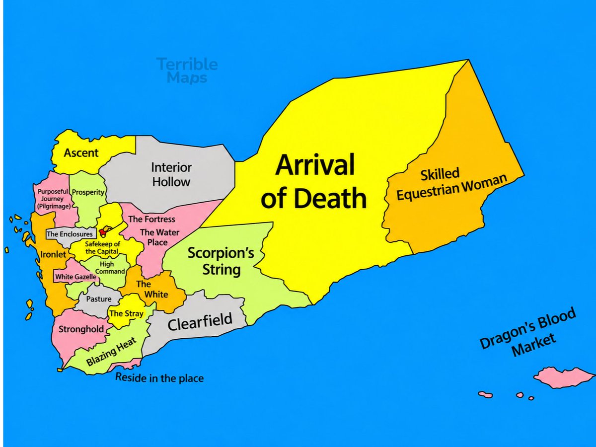 TerribleMaps's tweet photo. Yemen’s governorates, translated literally https://t.co/uaQvn9FGk6