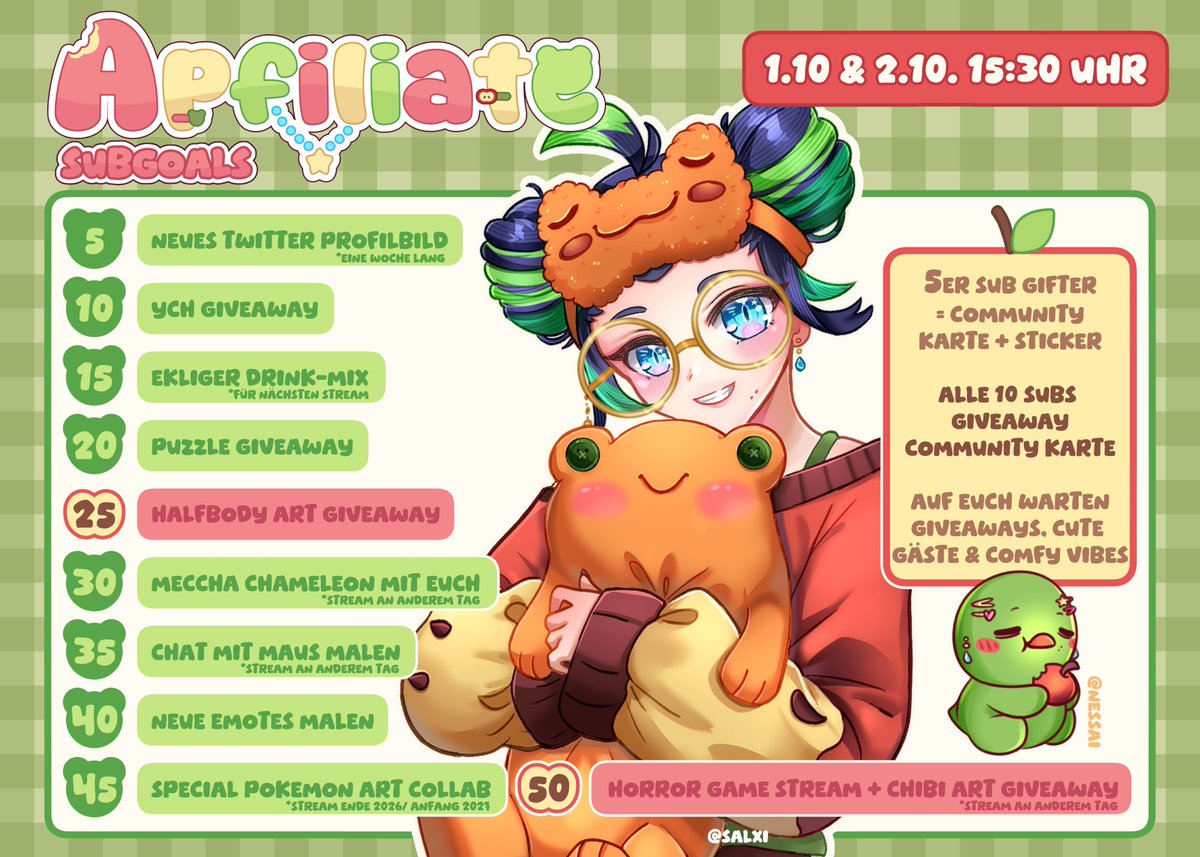 Apfelfroggy's tweet photo. Meine Goals für´s Apfiliate 🍎
Ich erwarte natürlich von niemanden, sich da zu verausgaben <3

Außerdem eine Übersicht meiner Verlosungsgegenstände, ich hoffe ihr freut euch genauso wie ich über die coolen Sachen >w</
#GERVtuber https://t.co/1YIi4PZckC