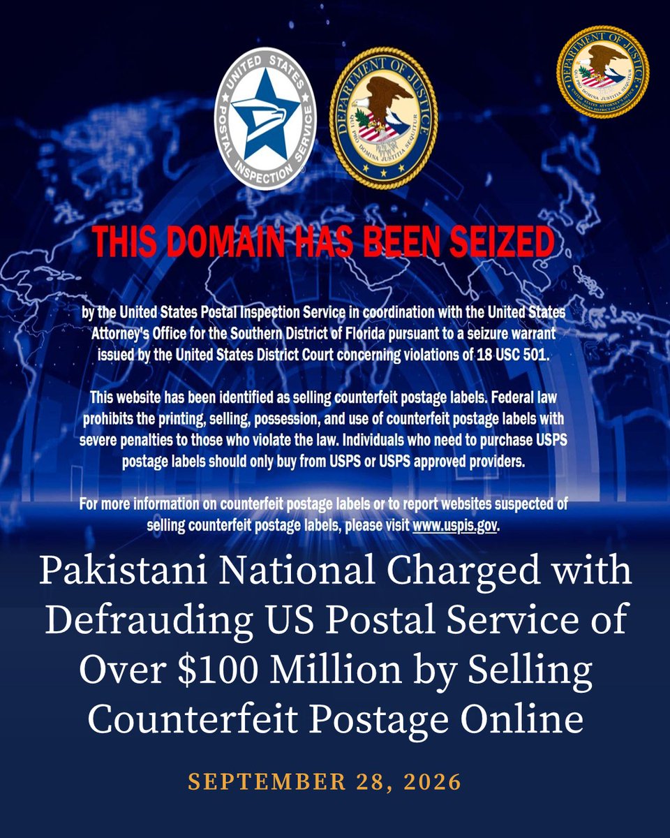 USAO_SDFL's tweet photo. A Pakistani national has been charged with allegedly selling over 5 million fake USPS labels through his operation of an unauthorized website, causing more than $126 million in losses. Thanks to the U.S. Postal Inspection Service, the site has been shut down and charges have been filed.
